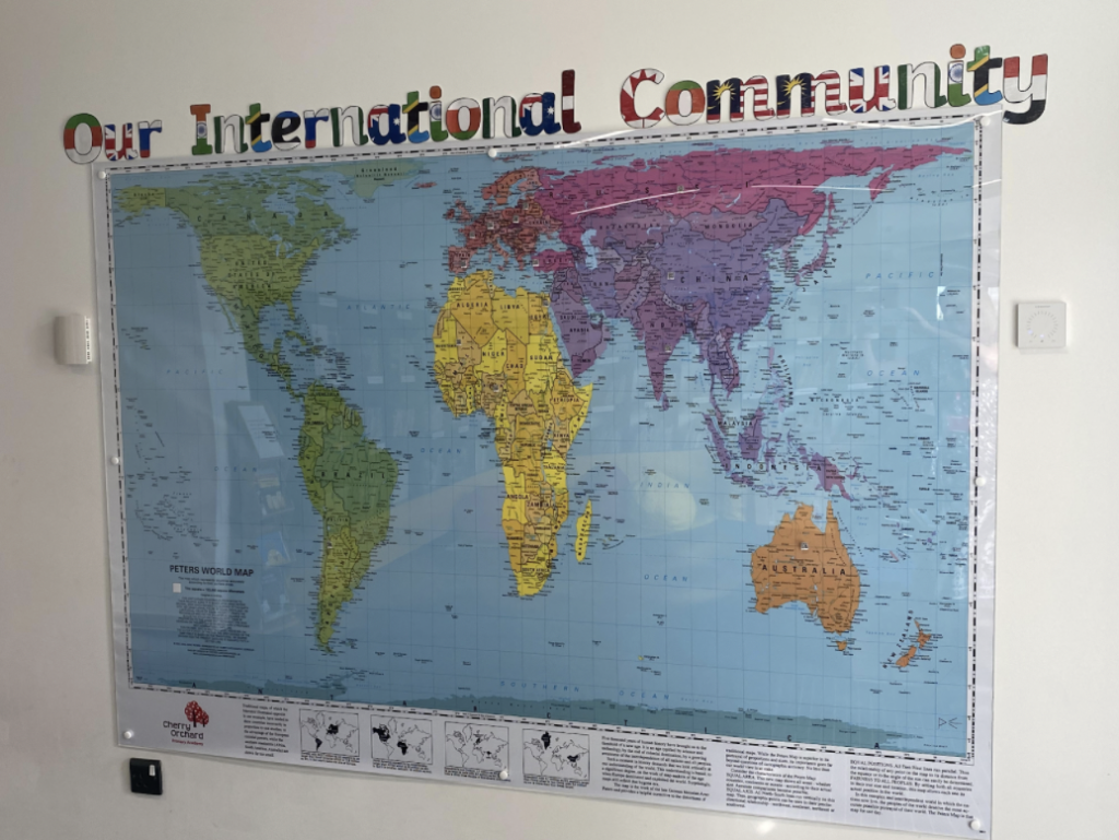 Our international community text with a map underneath